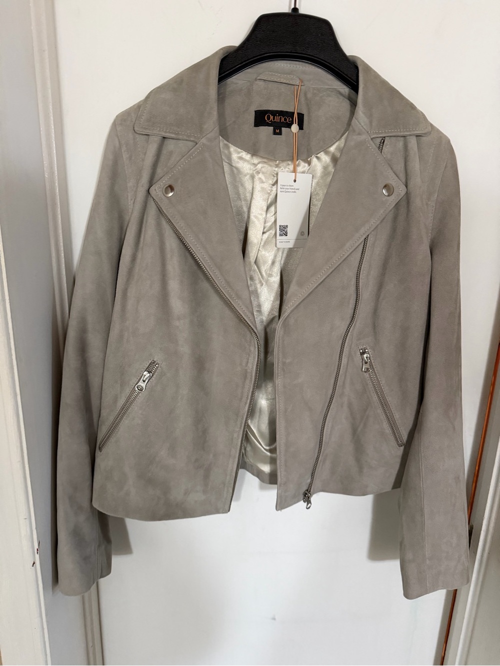 Quince Women's Suede Moto Jacket in Taupe/Light Gray